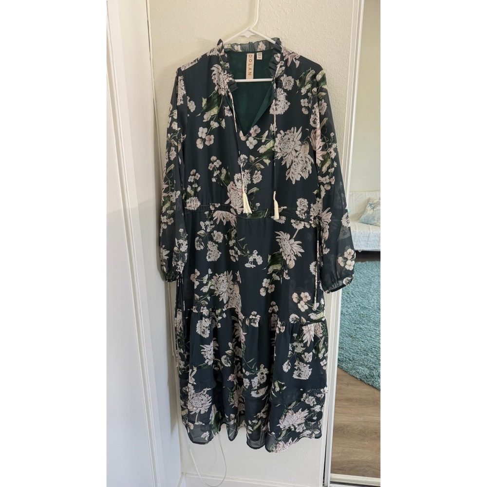 Dolan Floral Boho Midi Dress – Petite XL, Long Sleeve, Tassel Tie, Lined